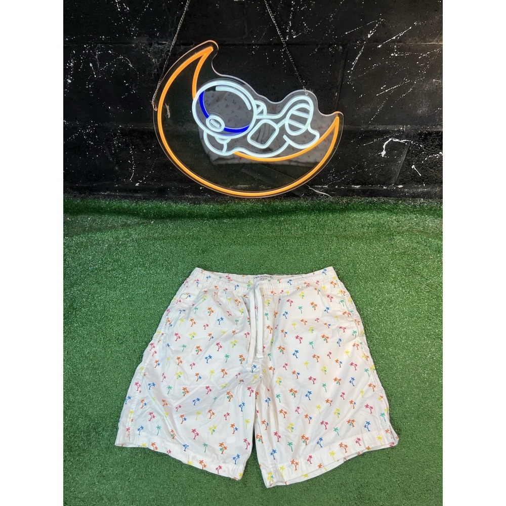 Free Planet Men's‎ LG White Tropical Swim Trunks Board Shorts Rainbow Palm Trees